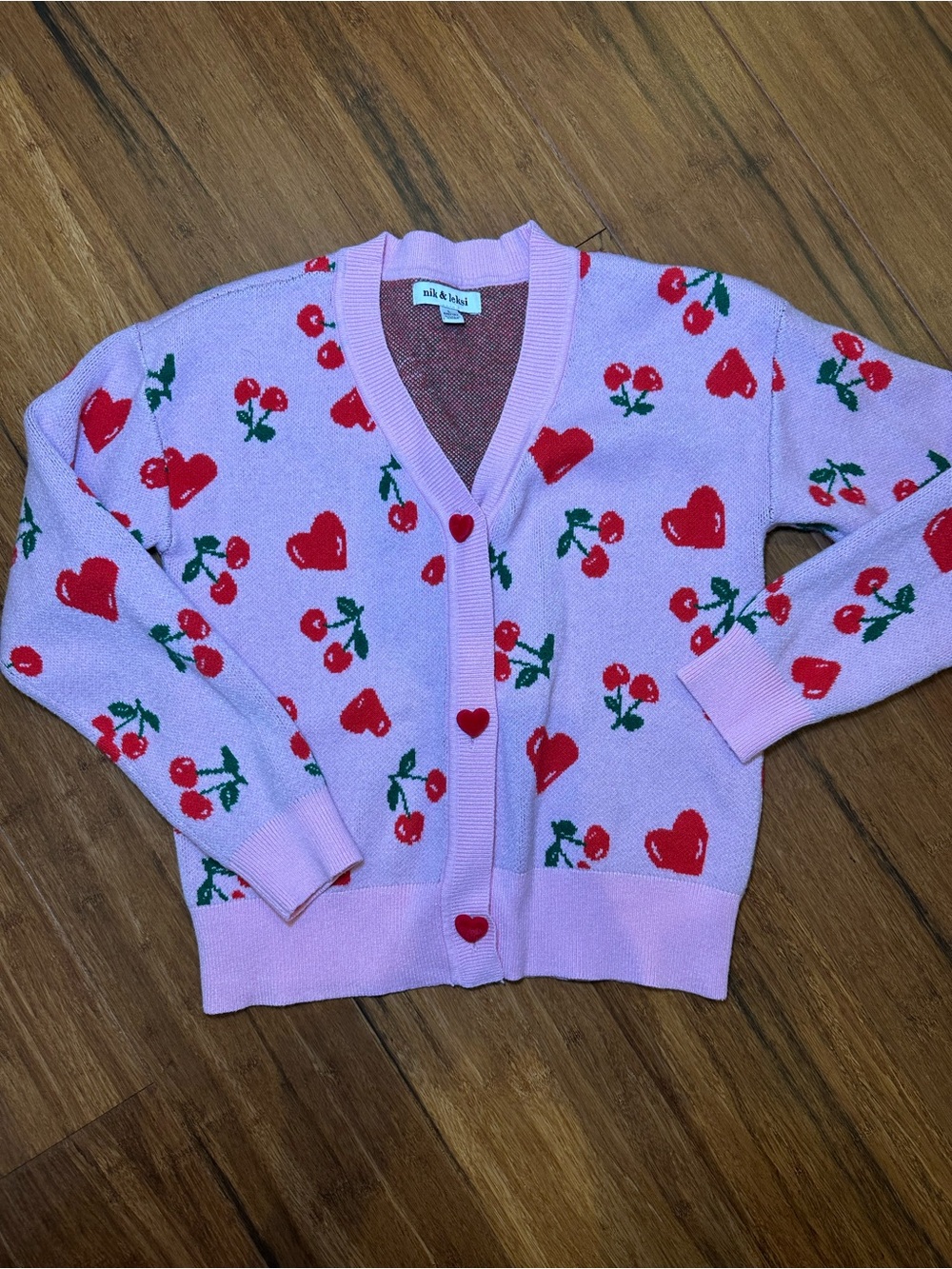 nik & leksi Pink V-Neck Cardigan with cherry and hearts Knit Detail
